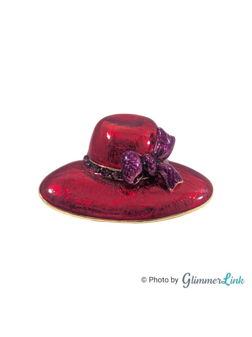 Vintage Red Enamel Hat Brooch Pendant Purple Bow Rhinestones Gold Tone